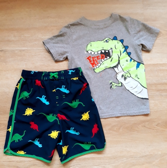 Boy's Blue Dinosaur Swim Trunks + T Rex T-Shirt Size 4T / Toddler Beach Outfit - Picture 10 of 10